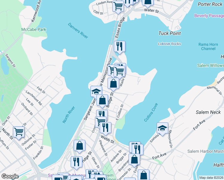 map of restaurants, bars, coffee shops, grocery stores, and more near 50 Bridge Street in Salem