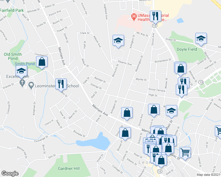 map of restaurants, bars, coffee shops, grocery stores, and more near 175 Walnut Street in Leominster