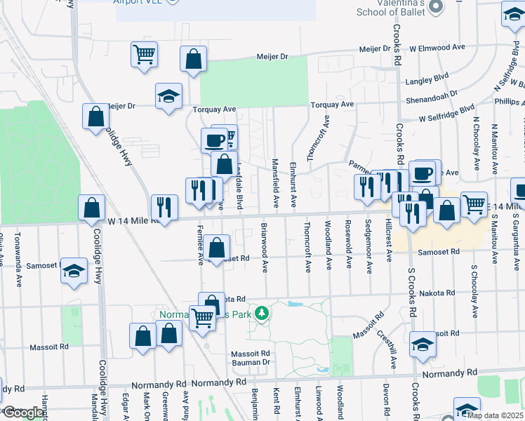 map of restaurants, bars, coffee shops, grocery stores, and more near 2415 West 14 Mile Road in Royal Oak