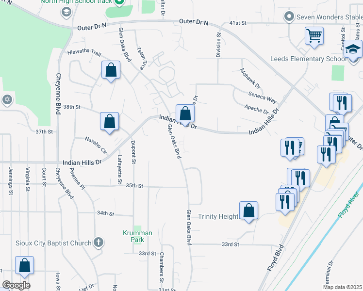 map of restaurants, bars, coffee shops, grocery stores, and more near 3632 Glen Oaks Boulevard in Sioux City