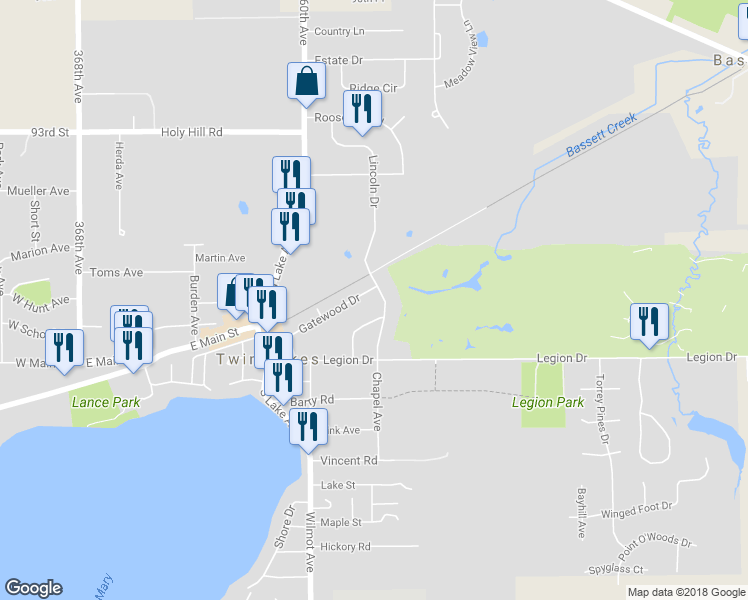 map of restaurants, bars, coffee shops, grocery stores, and more near 641 Gatewood Drive in Twin Lakes