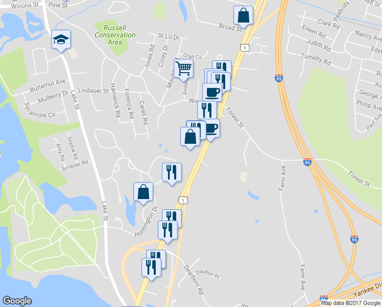map of restaurants, bars, coffee shops, grocery stores, and more near 108 Newbury Street in Peabody