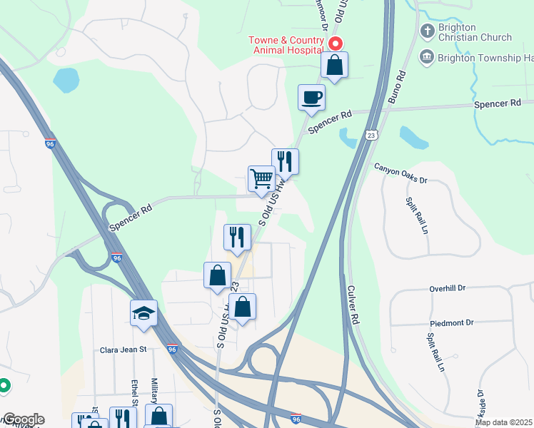 map of restaurants, bars, coffee shops, grocery stores, and more near 4815 South Old US Highway 23 in Brighton
