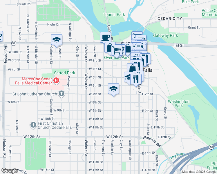 map of restaurants, bars, coffee shops, grocery stores, and more near 613-699 Franklin St in Cedar Falls