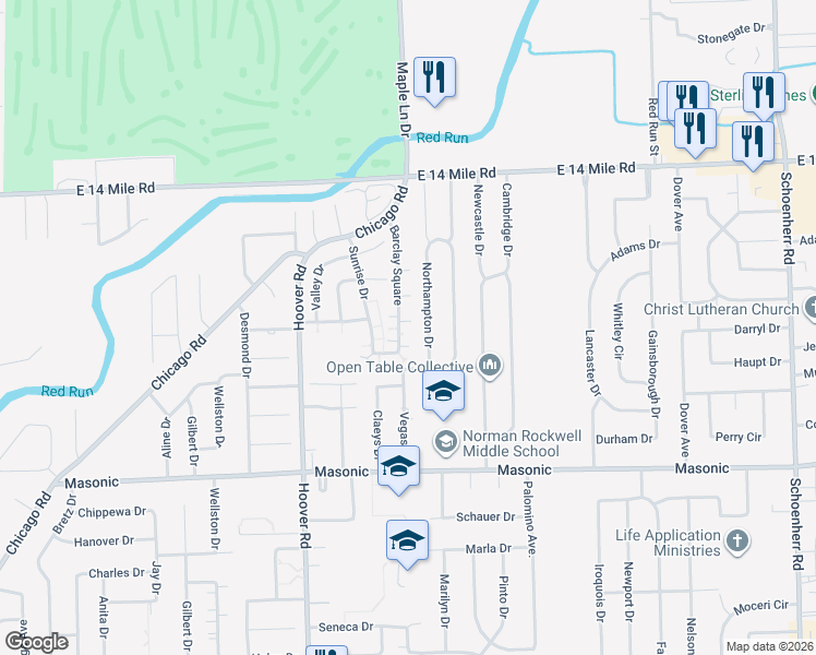 map of restaurants, bars, coffee shops, grocery stores, and more near 32554 Barclay Square in Warren