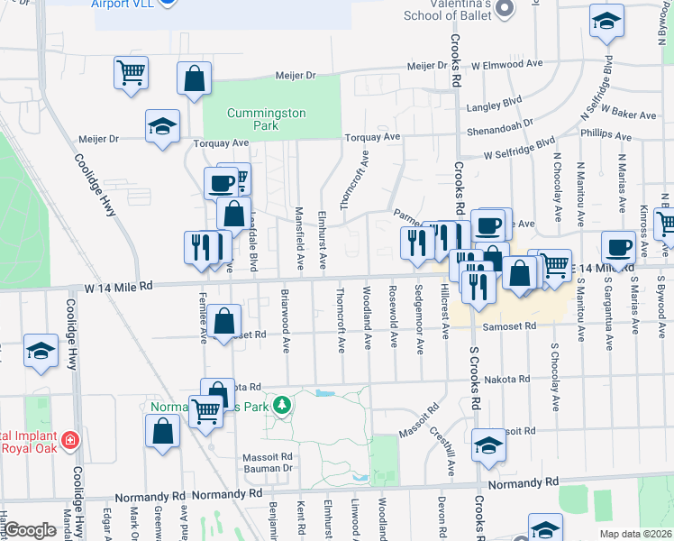map of restaurants, bars, coffee shops, grocery stores, and more near 2205 West 14 Mile Road in Royal Oak