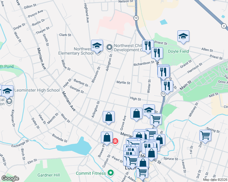 map of restaurants, bars, coffee shops, grocery stores, and more near 138 High Street in Leominster