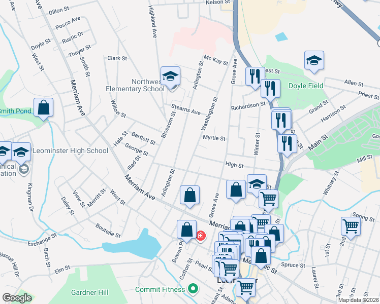 map of restaurants, bars, coffee shops, grocery stores, and more near 65 Arlington Street in Leominster