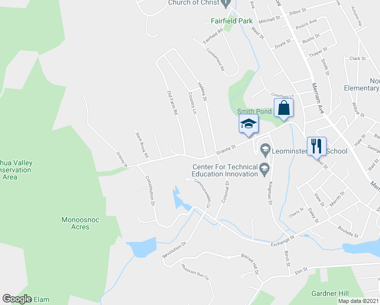 map of restaurants, bars, coffee shops, grocery stores, and more near 222 Granite Street in Leominster