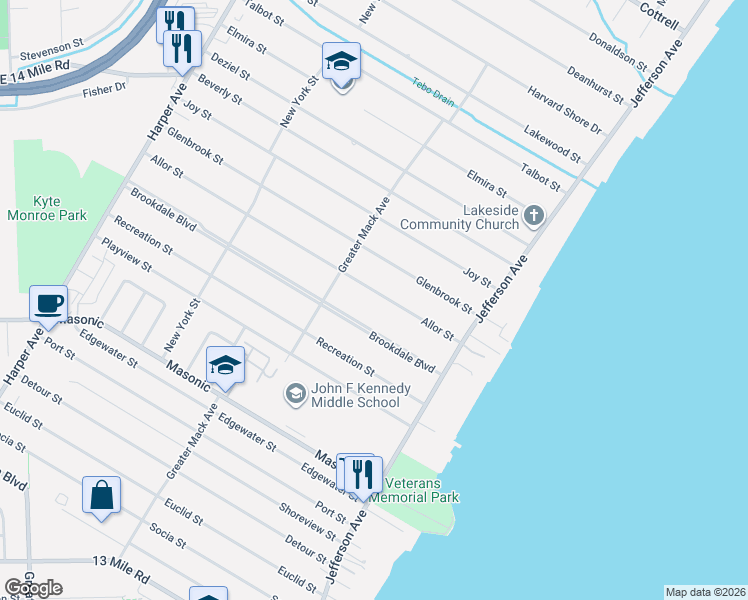 map of restaurants, bars, coffee shops, grocery stores, and more near 23501 Brookdale Boulevard in St. Clair Shores