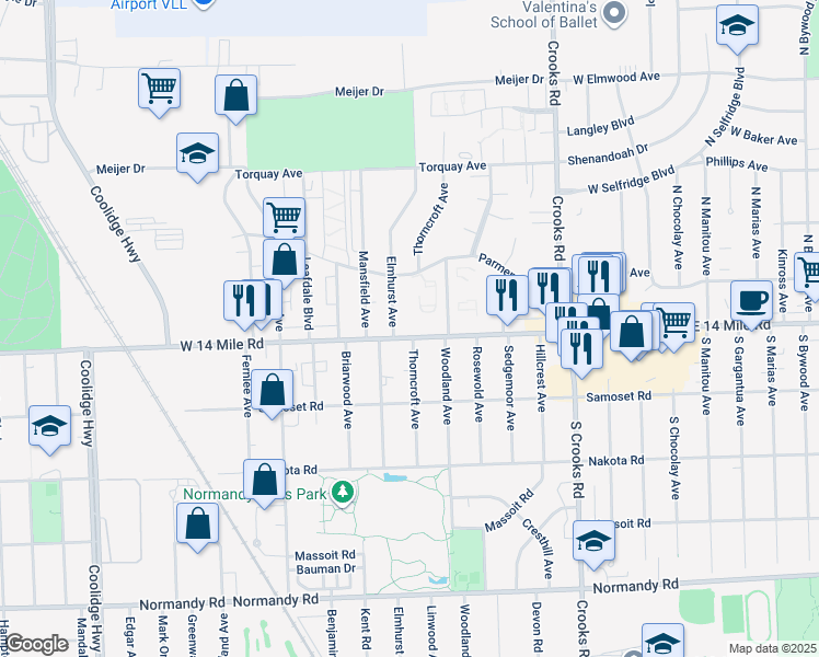 map of restaurants, bars, coffee shops, grocery stores, and more near 2205 West 14 Mile Road in Royal Oak