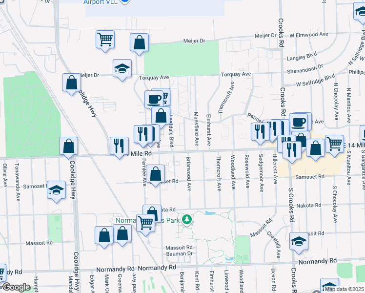 map of restaurants, bars, coffee shops, grocery stores, and more near 2415 West 14 Mile Road in Royal Oak