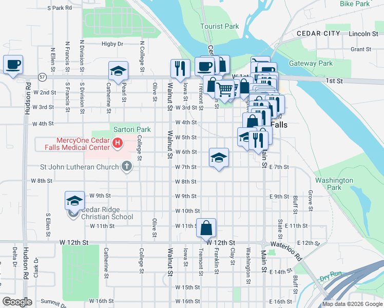 map of restaurants, bars, coffee shops, grocery stores, and more near 621 Tremont Street in Cedar Falls