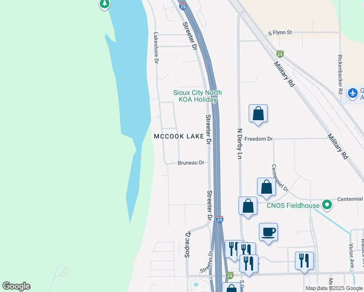 map of restaurants, bars, coffee shops, grocery stores, and more near 636 Lakeview Drive in North Sioux City