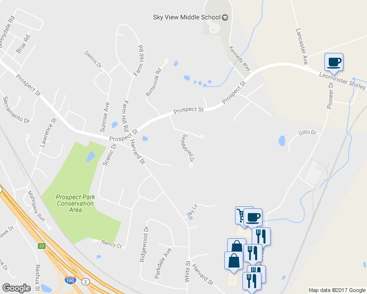 map of restaurants, bars, coffee shops, grocery stores, and more near 33 Saddlebred Drive in Leominster