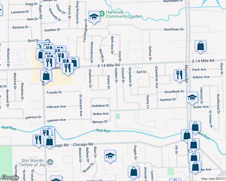 map of restaurants, bars, coffee shops, grocery stores, and more near 32548 Holden Drive in Warren
