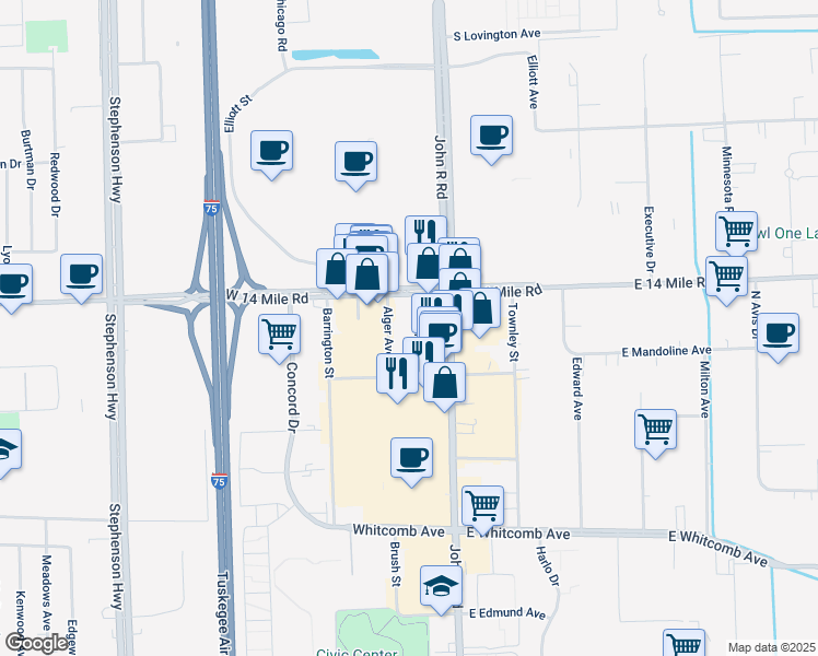 map of restaurants, bars, coffee shops, grocery stores, and more near 32700-32998 Alger Avenue in Troy