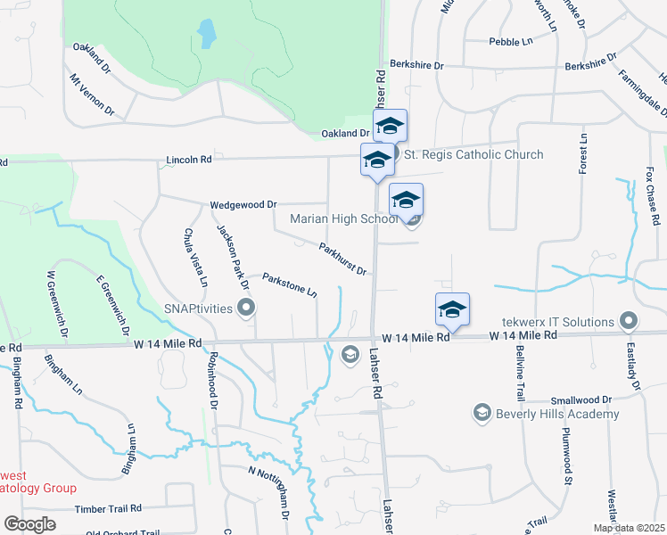 map of restaurants, bars, coffee shops, grocery stores, and more near 7435 Parkstone Lane in Bloomfield Hills