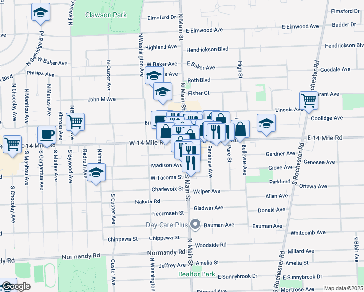 map of restaurants, bars, coffee shops, grocery stores, and more near 112 South Main Street in Clawson