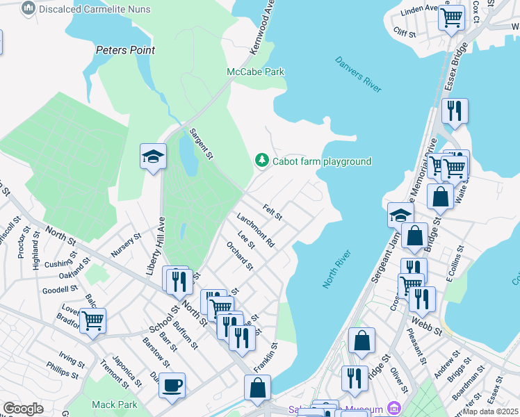 map of restaurants, bars, coffee shops, grocery stores, and more near 5 Claremont Road in Salem