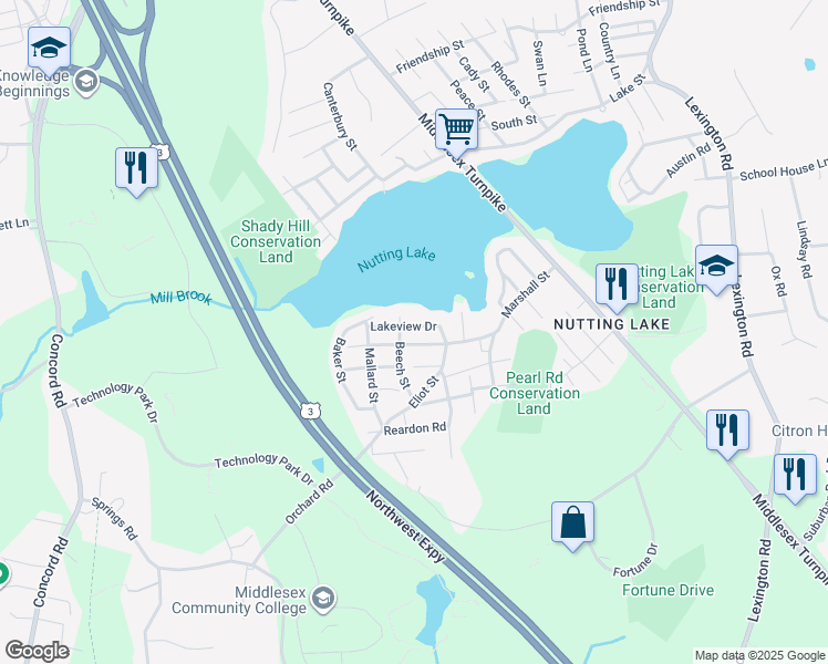 map of restaurants, bars, coffee shops, grocery stores, and more near 29 Beech Street in Billerica