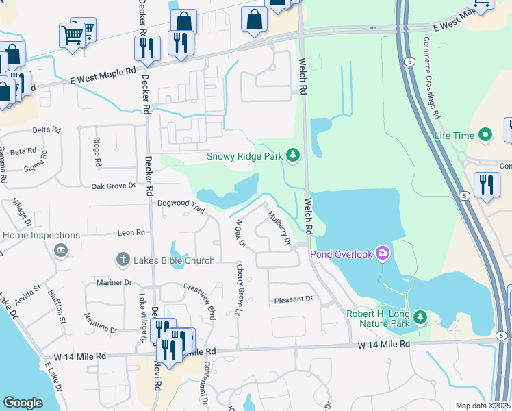 map of restaurants, bars, coffee shops, grocery stores, and more near 477 North Oak Drive in Commerce Charter Township