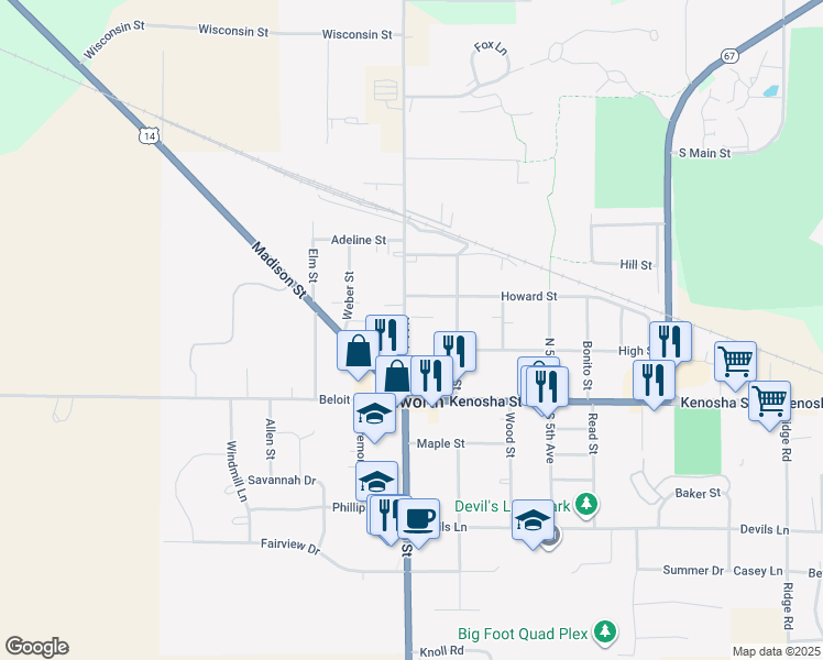map of restaurants, bars, coffee shops, grocery stores, and more near 226 North Main Street in Walworth