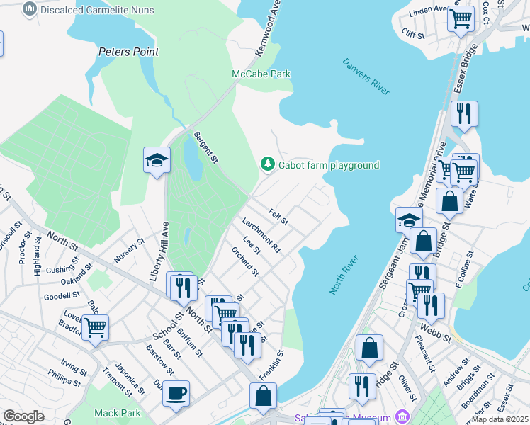 map of restaurants, bars, coffee shops, grocery stores, and more near 5 Claremont Road in Salem