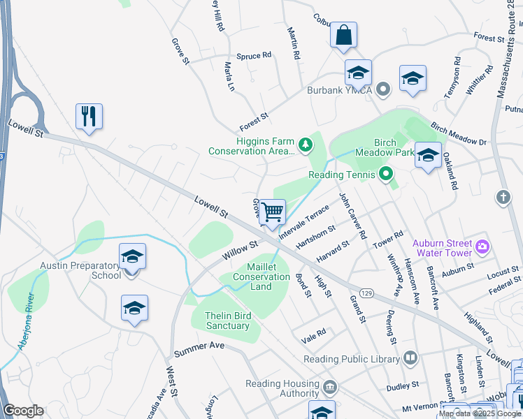 map of restaurants, bars, coffee shops, grocery stores, and more near 14 Grove Street in Reading