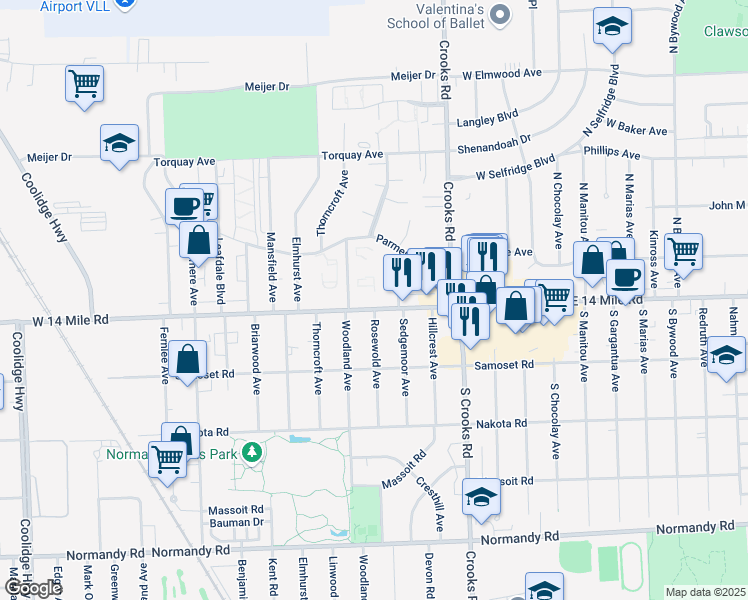 map of restaurants, bars, coffee shops, grocery stores, and more near 1925 West 14 Mile Road in Royal Oak