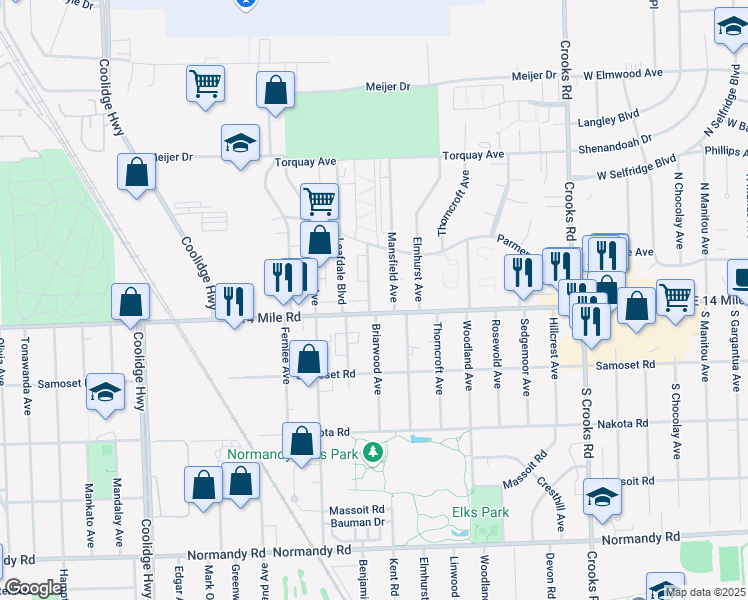 map of restaurants, bars, coffee shops, grocery stores, and more near 2415 West 14 Mile Road in Royal Oak