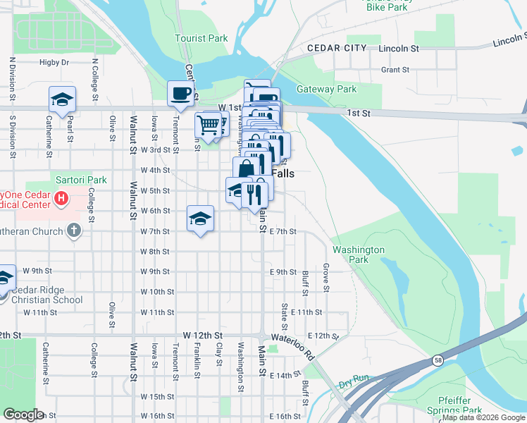 map of restaurants, bars, coffee shops, grocery stores, and more near 198 East 7th Street in Cedar Falls