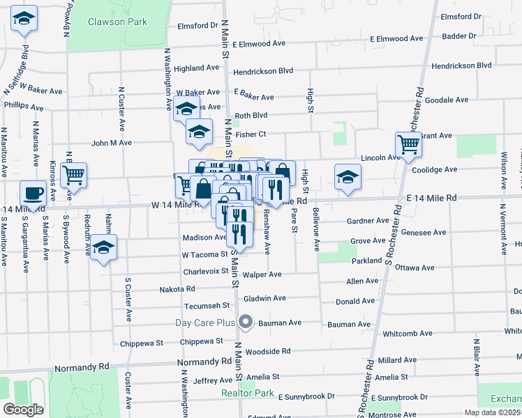 map of restaurants, bars, coffee shops, grocery stores, and more near 911 Gardner Avenue in Clawson