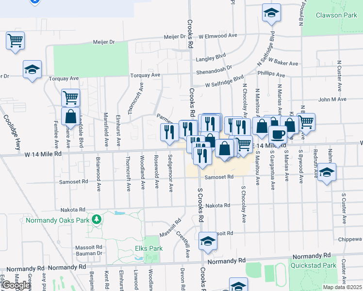 map of restaurants, bars, coffee shops, grocery stores, and more near 1819 West 14 Mile Road in Royal Oak