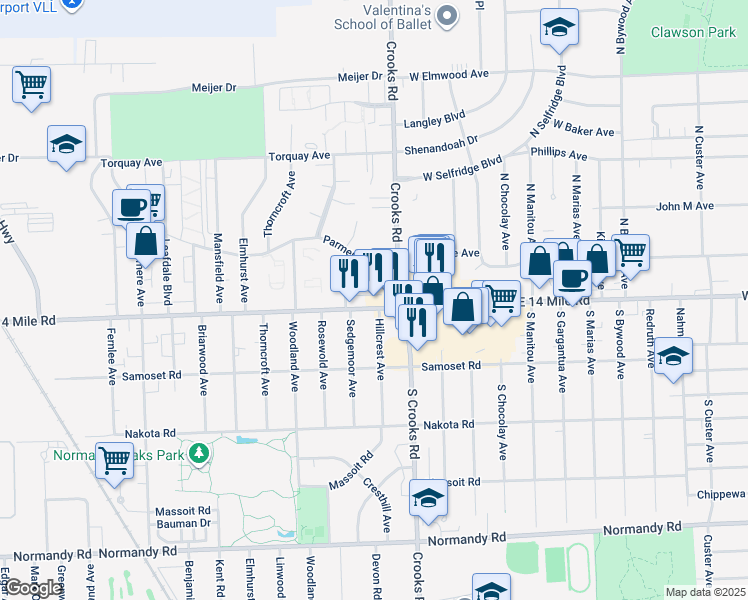 map of restaurants, bars, coffee shops, grocery stores, and more near 1819 West 14 Mile Road in Royal Oak
