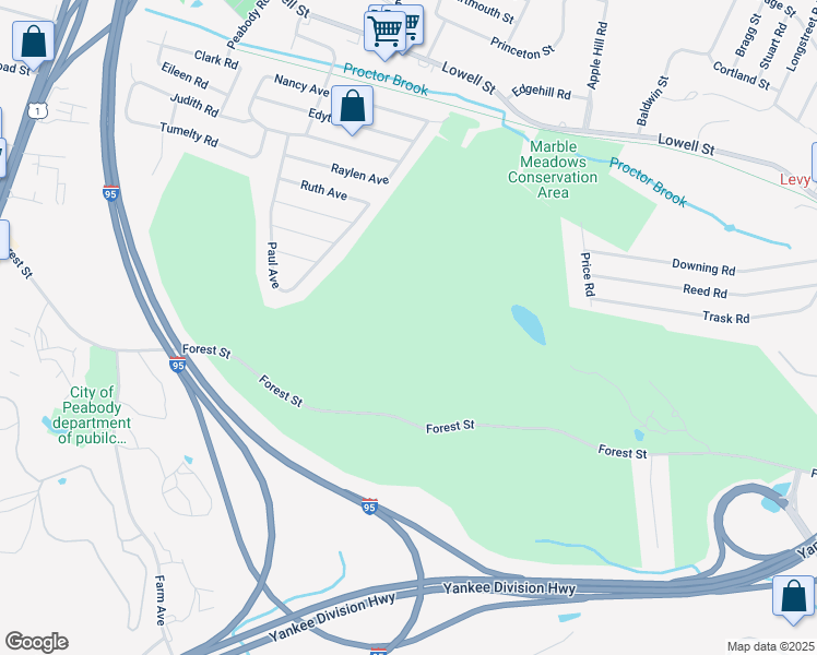 map of restaurants, bars, coffee shops, grocery stores, and more near 34 Railroad Avenue in Peabody
