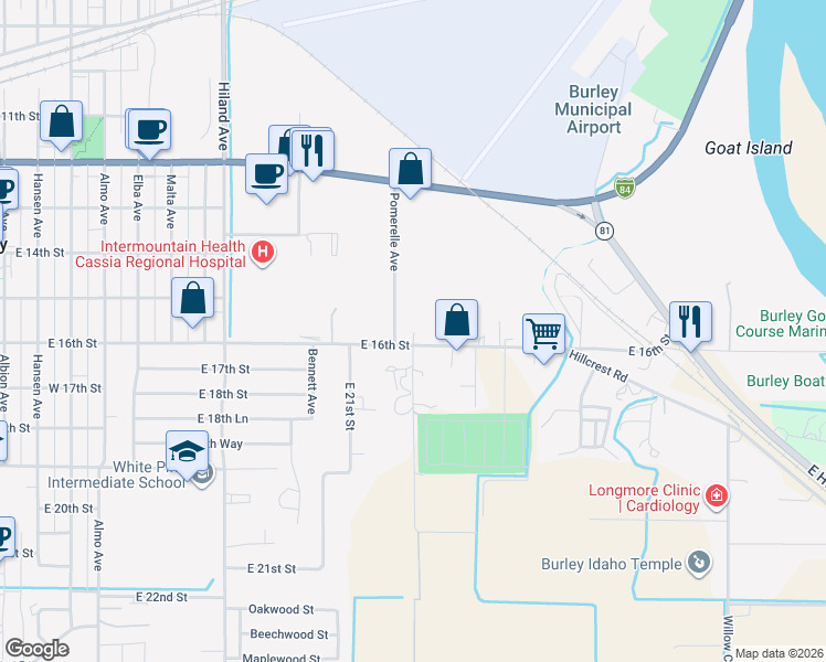 map of restaurants, bars, coffee shops, grocery stores, and more near 1335-1399 Pomerelle Avenue in Burley
