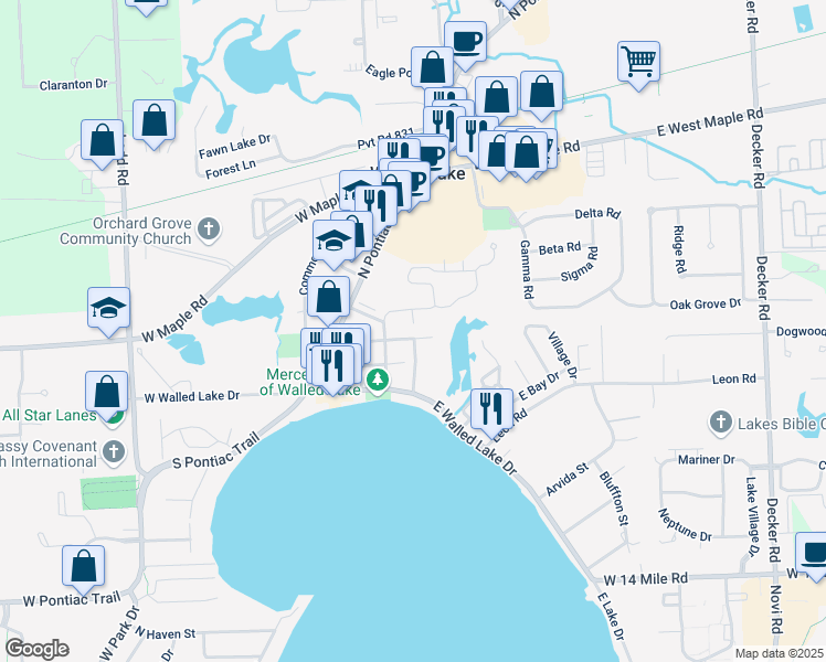 map of restaurants, bars, coffee shops, grocery stores, and more near 442 Nicolet Street in Walled Lake