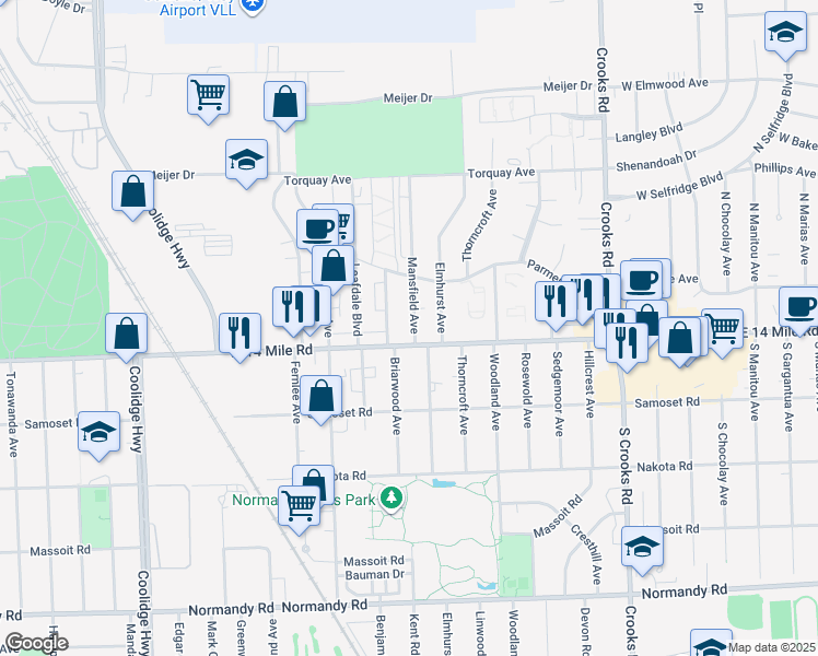 map of restaurants, bars, coffee shops, grocery stores, and more near 4811 Mansfield Avenue in Royal Oak