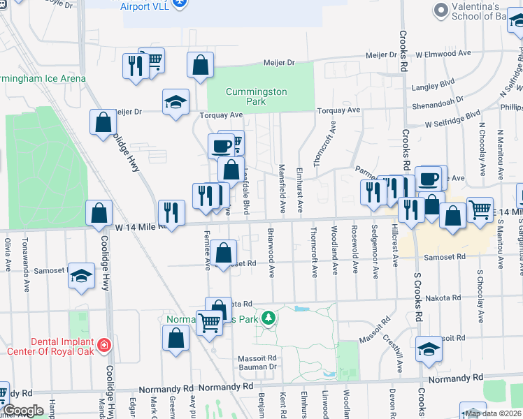 map of restaurants, bars, coffee shops, grocery stores, and more near 4811 Briarwood Avenue in Royal Oak