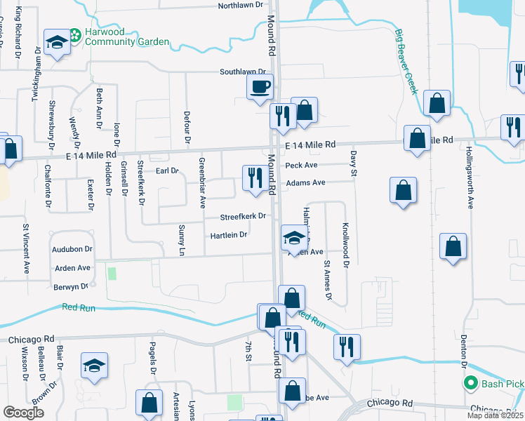 map of restaurants, bars, coffee shops, grocery stores, and more near 32683 Mound Road in Warren