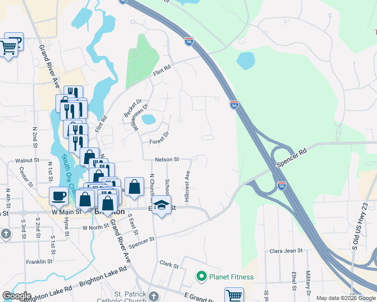 map of restaurants, bars, coffee shops, grocery stores, and more near 9880 East Grand River Avenue in Brighton
