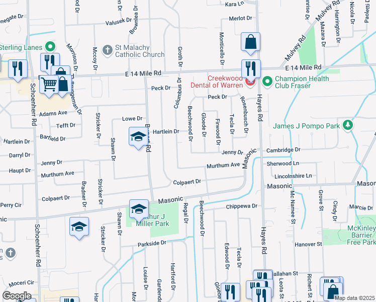 map of restaurants, bars, coffee shops, grocery stores, and more near 32403 Beechwood Drive in Warren