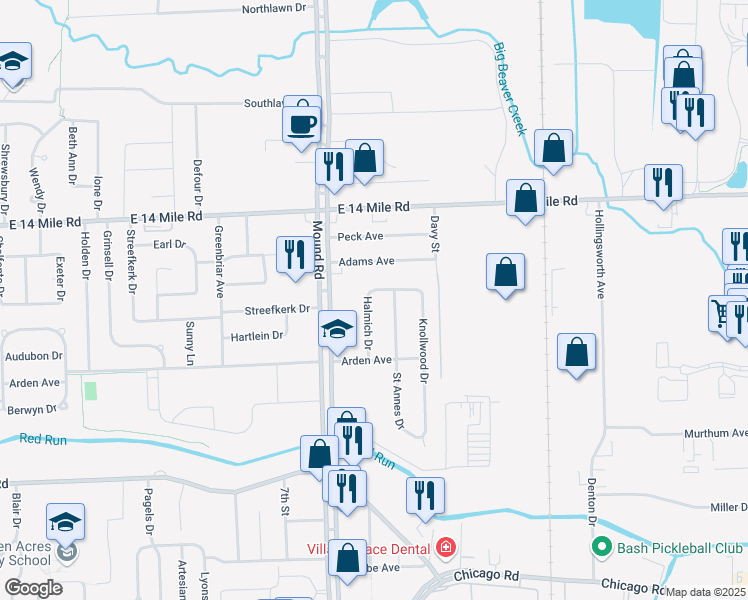 map of restaurants, bars, coffee shops, grocery stores, and more near 32530 Halmich Drive in Warren