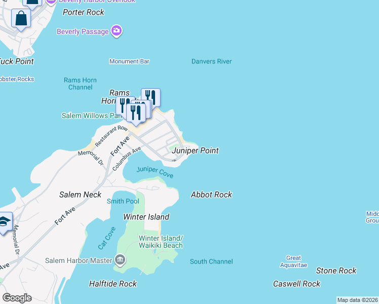 map of restaurants, bars, coffee shops, grocery stores, and more near 128 Bay View Avenue in Salem