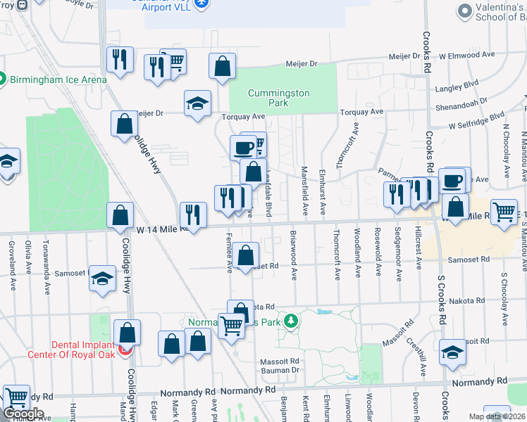 map of restaurants, bars, coffee shops, grocery stores, and more near 4850 Delemere Avenue in Royal Oak