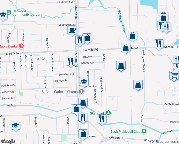 map of restaurants, bars, coffee shops, grocery stores, and more near 32530 Halmich Drive in Warren