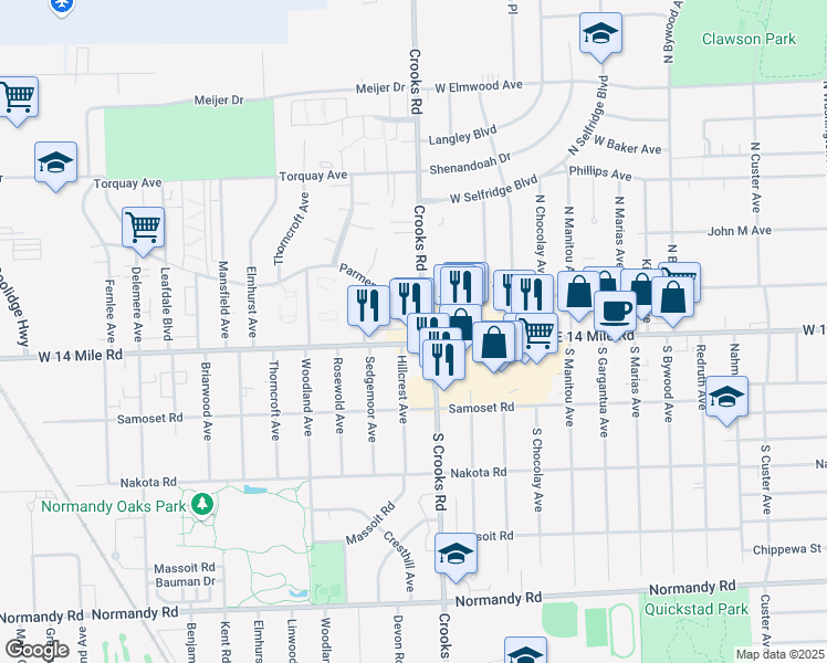 map of restaurants, bars, coffee shops, grocery stores, and more near 100 North Crooks Road in Royal Oak