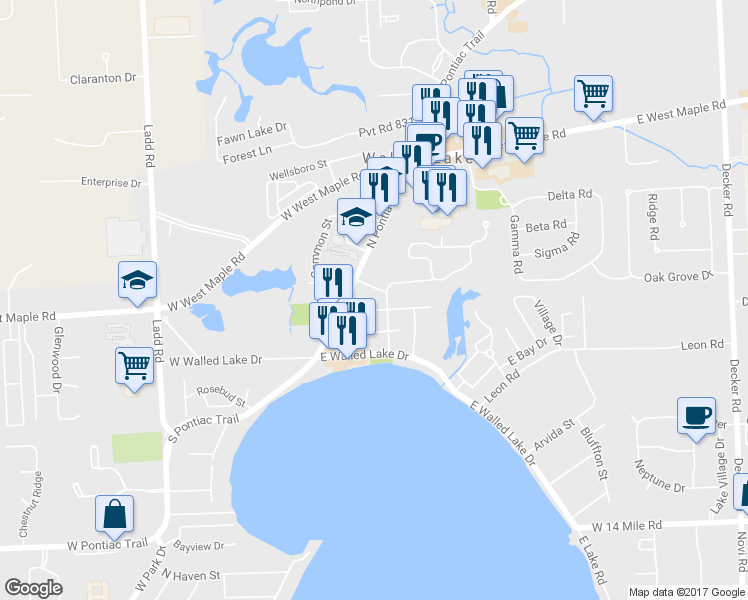map of restaurants, bars, coffee shops, grocery stores, and more near 313 East Northport Street in Walled Lake