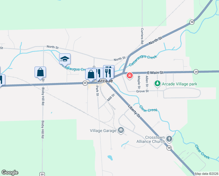 map of restaurants, bars, coffee shops, grocery stores, and more near 25 Liberty Street in Arcade